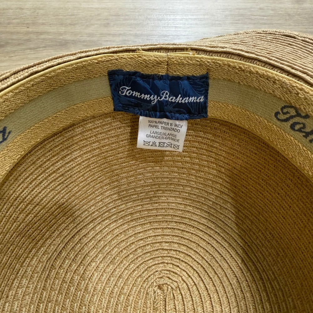 Tommy Bahama Tan Paper Braid Boater Hat Black Band Gold Marlin Pin Large XL - Picture 7 of 7